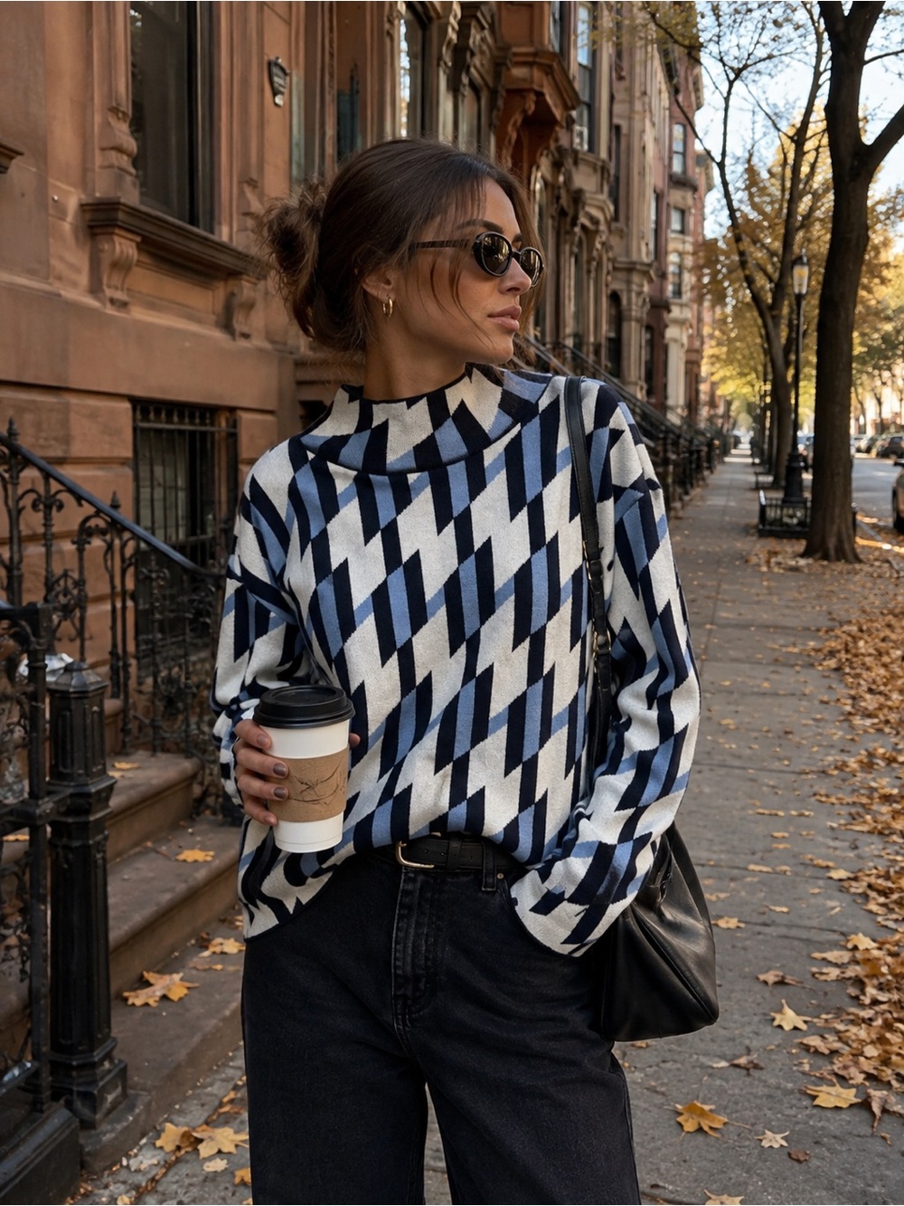 Maeve Blue and White Geometric Cowl Turtleneck Sweater
